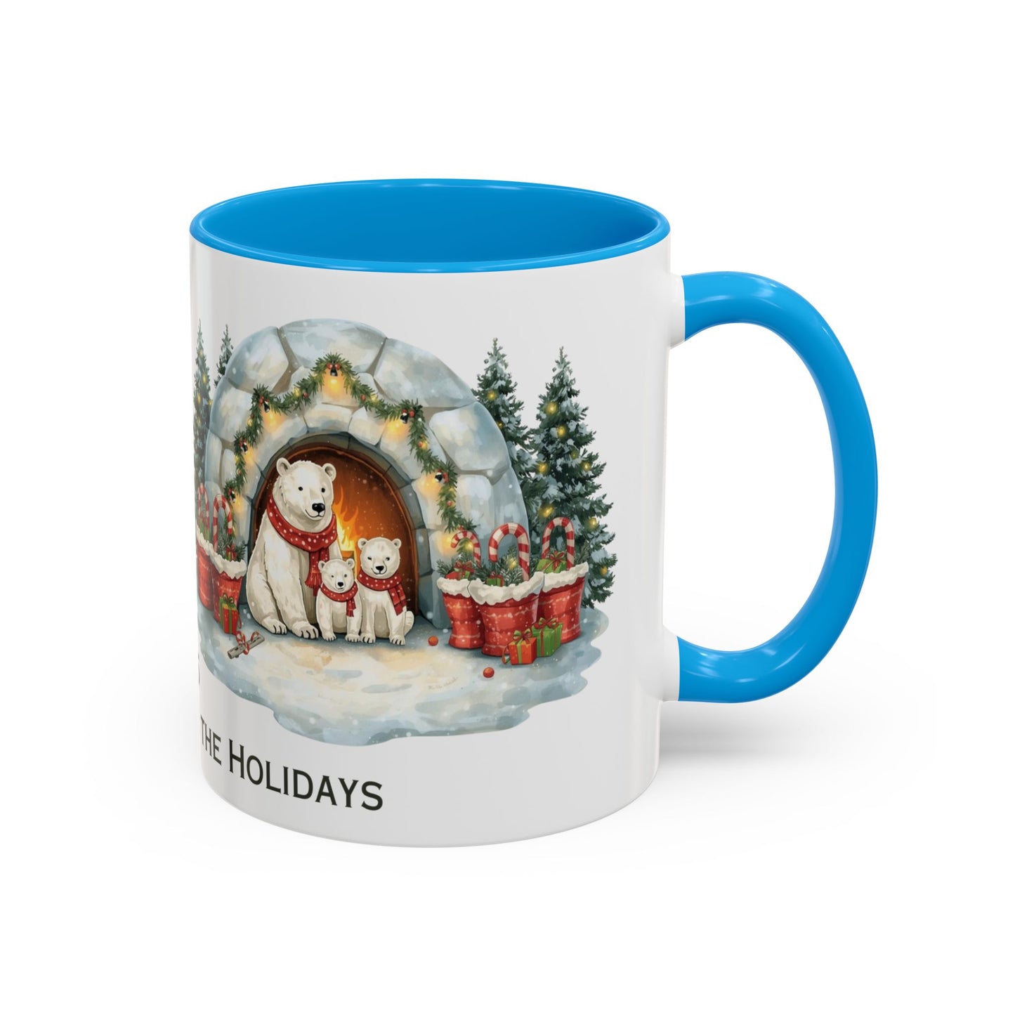 Polar Bear Christmas Mug featuring an igloo family scene with trees and holiday decorations.