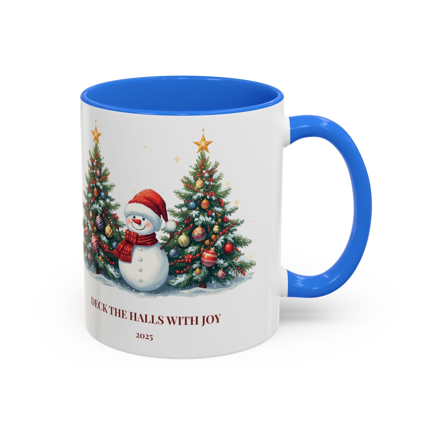 Christmas snowman mug with festive tree design, perfect for holiday drinks and cozy moments.