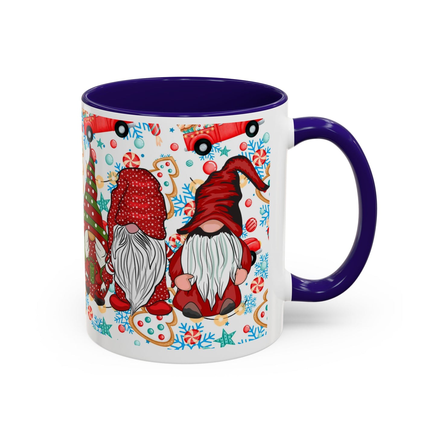 Festive Christmas gnome coffee mug with gingerbread design and snowflakes, perfect for holiday enjoyment.