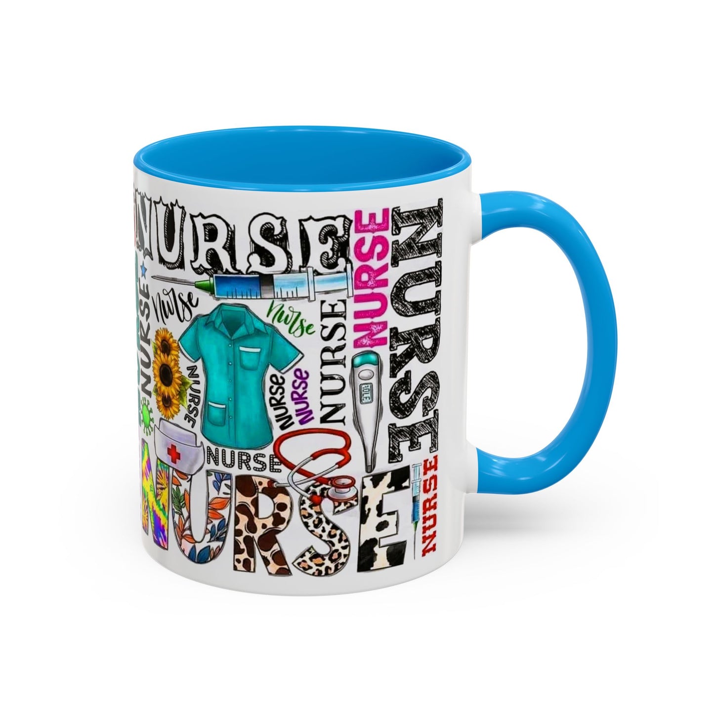 Colorful nurse coffee mug held by hands, ideal gift for nurse appreciation or nursing students.