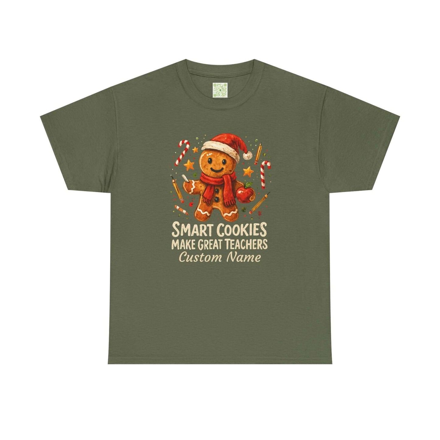 Gingerbread teacher holiday shirt with the phrase 'Smart Cookies Make Great Teachers' and festive decorations.