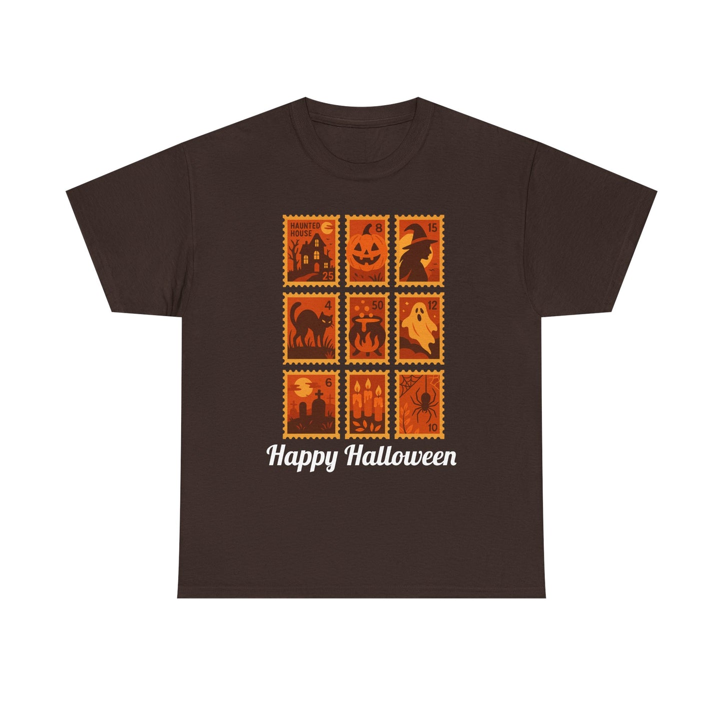  Halloween postage stamp t-shirt featuring spooky designs and 'Happy Halloween' text, perfect for fall fashion.