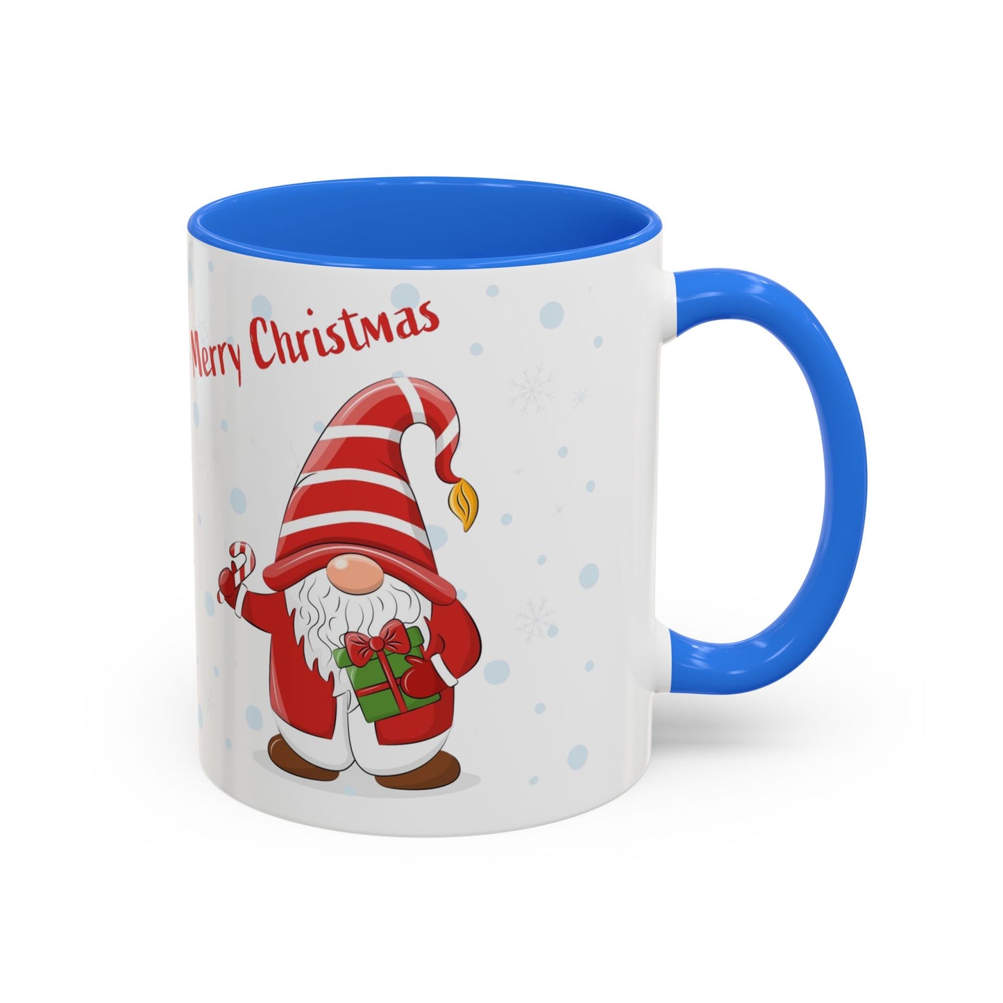 Merry Christmas gnome mug with candy cane and gift design, perfect for holiday beverages.
