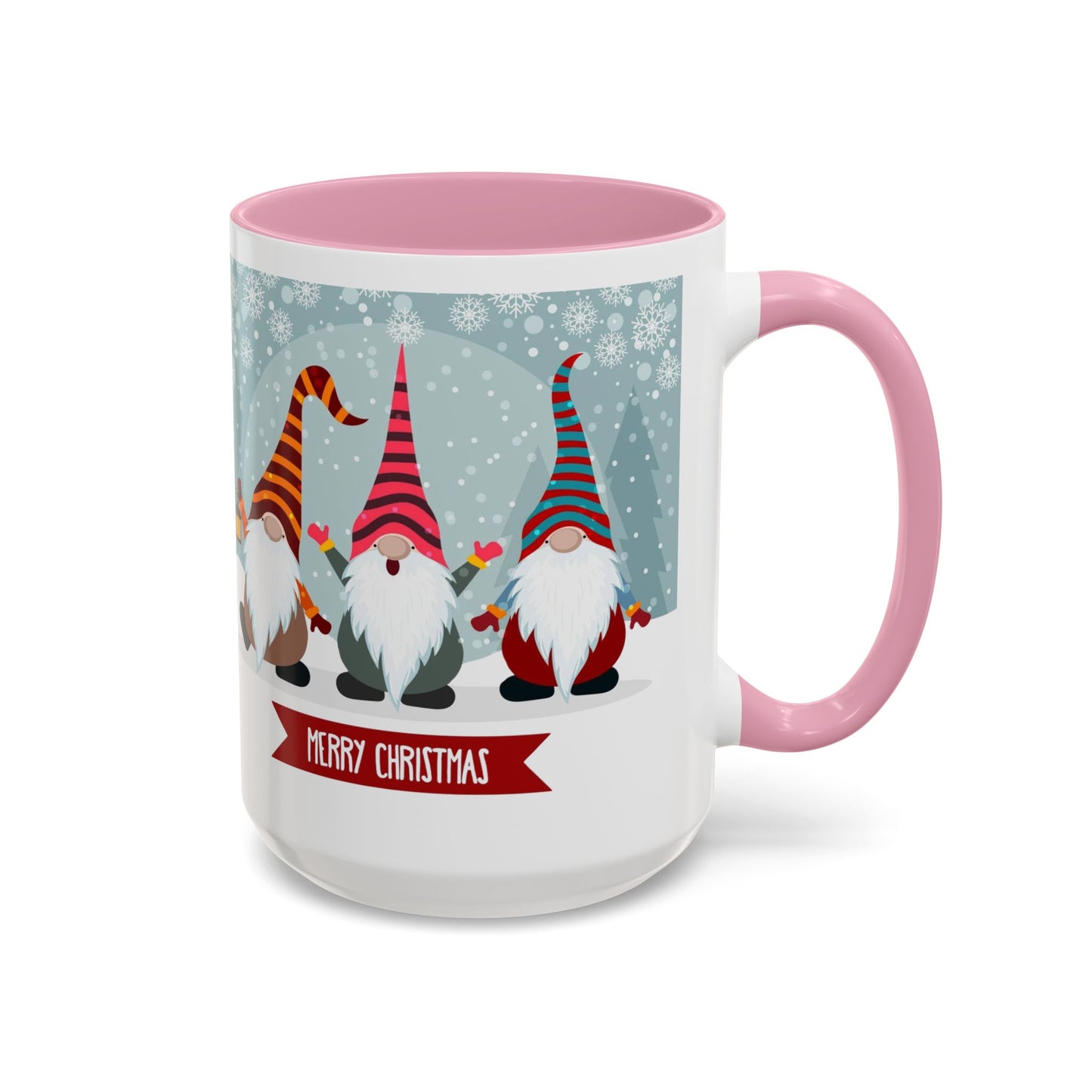 Merry Christmas gnome mug featuring colorful gnomes in festive hats, perfect for holiday coffee.