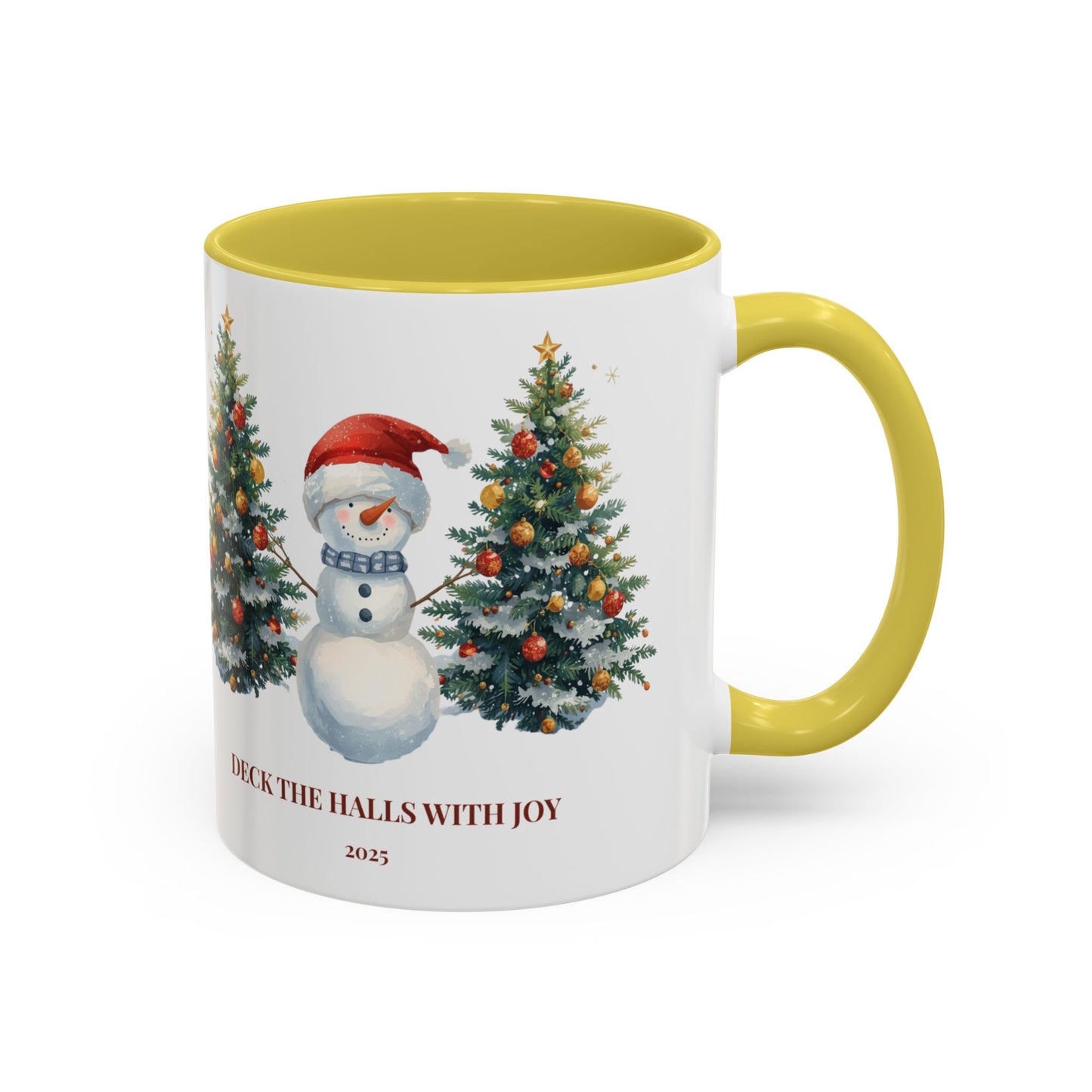 Festive snowman coffee mug featuring cheerful Christmas trees and a joyful holiday design.