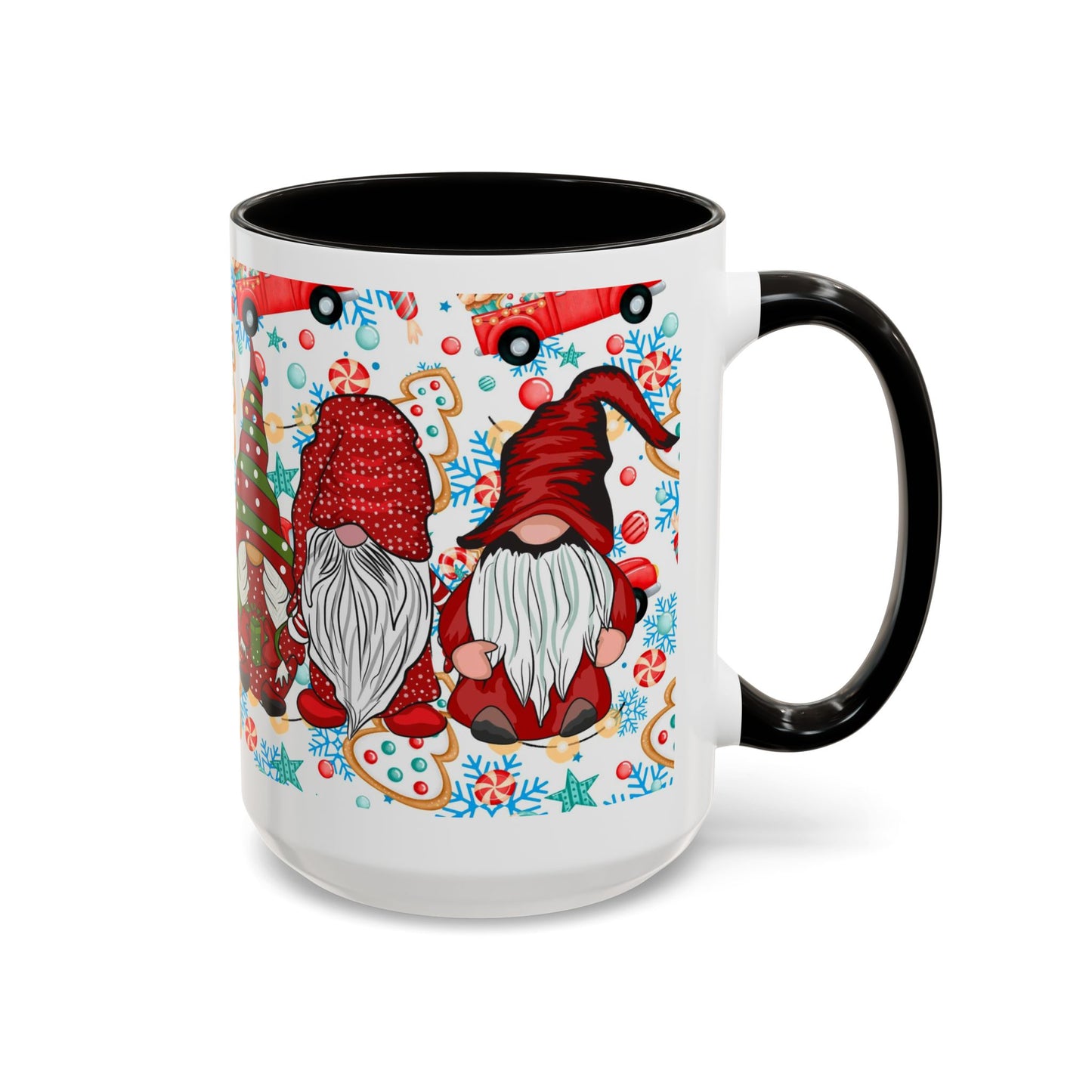 Festive Christmas gnome coffee mug with gingerbread design and snowflakes, perfect for holiday enjoyment.