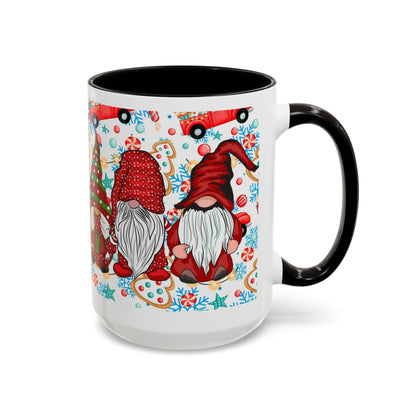 Festive Christmas gnome coffee mug with gingerbread design and snowflakes, perfect for holiday enjoyment.