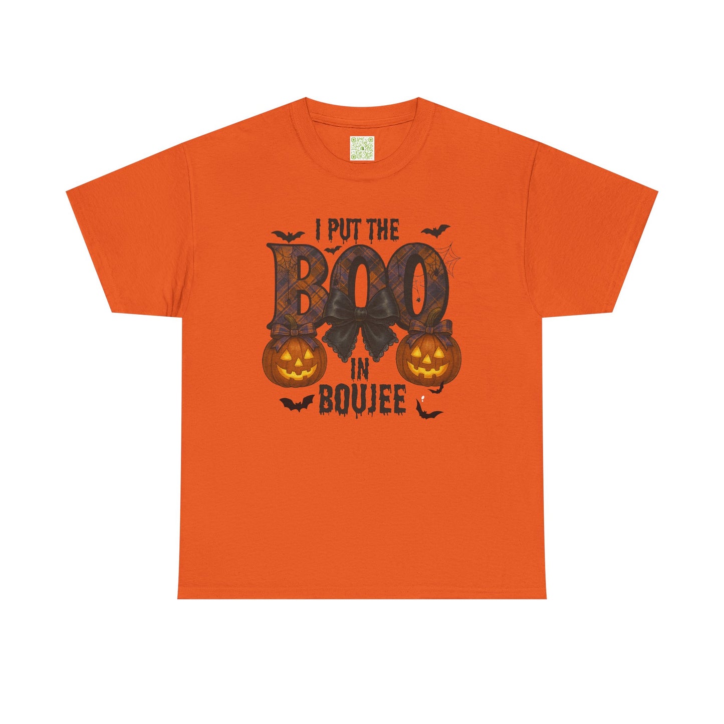 'Boo in Boujee' Halloween shirt in Texas Orange, showcasing a spooky graphic design and relaxed fit.