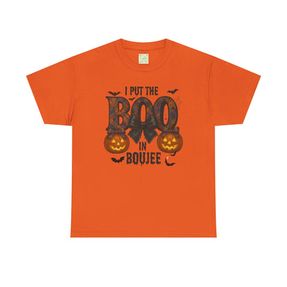 'Boo in Boujee' Halloween shirt in Texas Orange, showcasing a spooky graphic design and relaxed fit.
