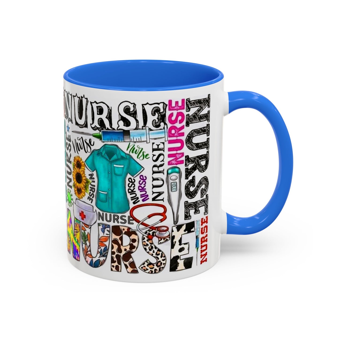 Colorful nurse coffee mug held by hands, ideal gift for nurse appreciation or nursing students.