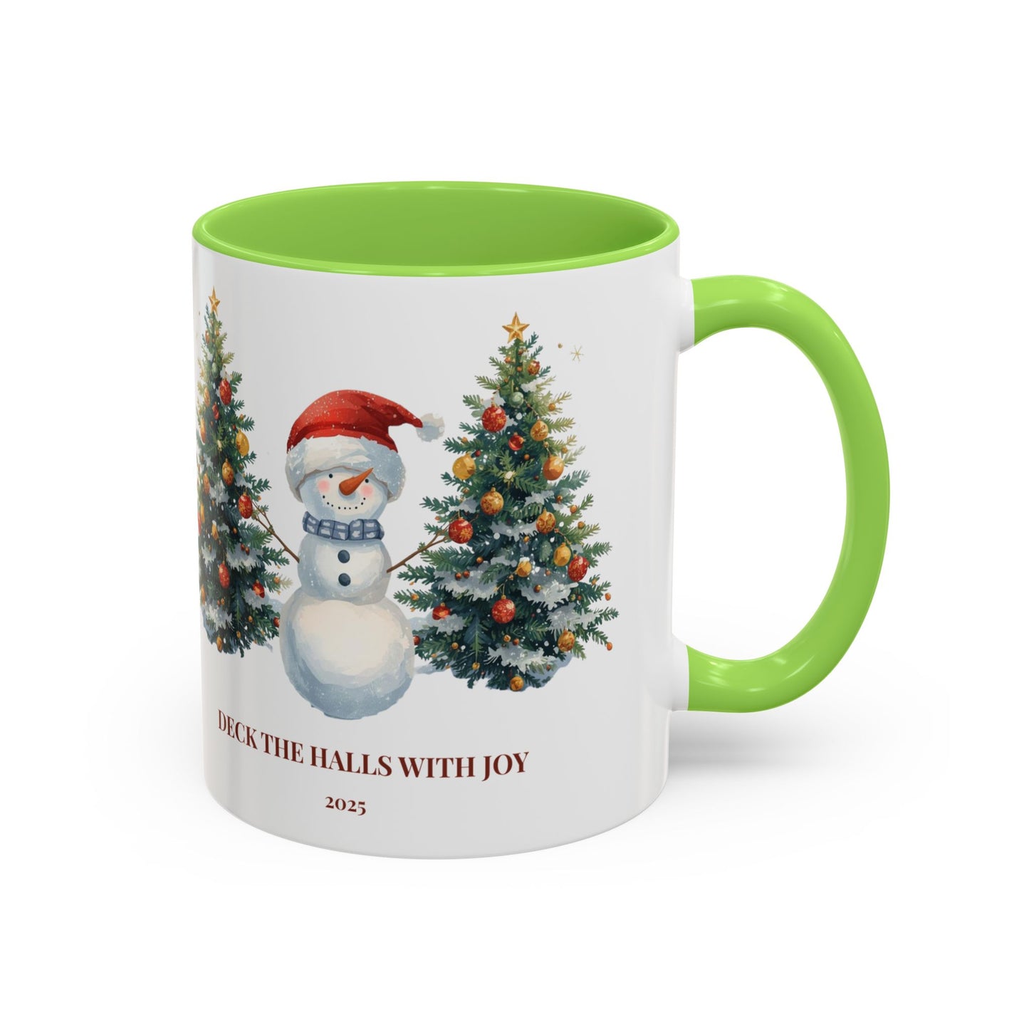 Festive snowman coffee mug featuring cheerful Christmas trees and a joyful holiday design.