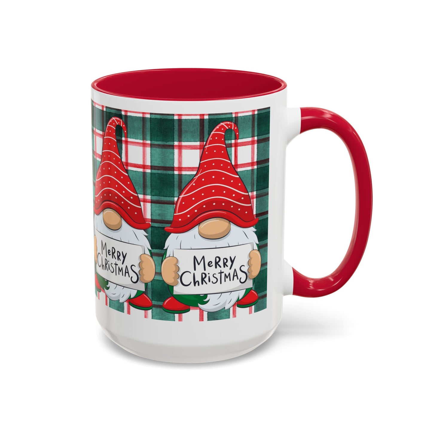 Festive Christmas gnome mug with holiday design, featuring gnomes and a plaid background.
