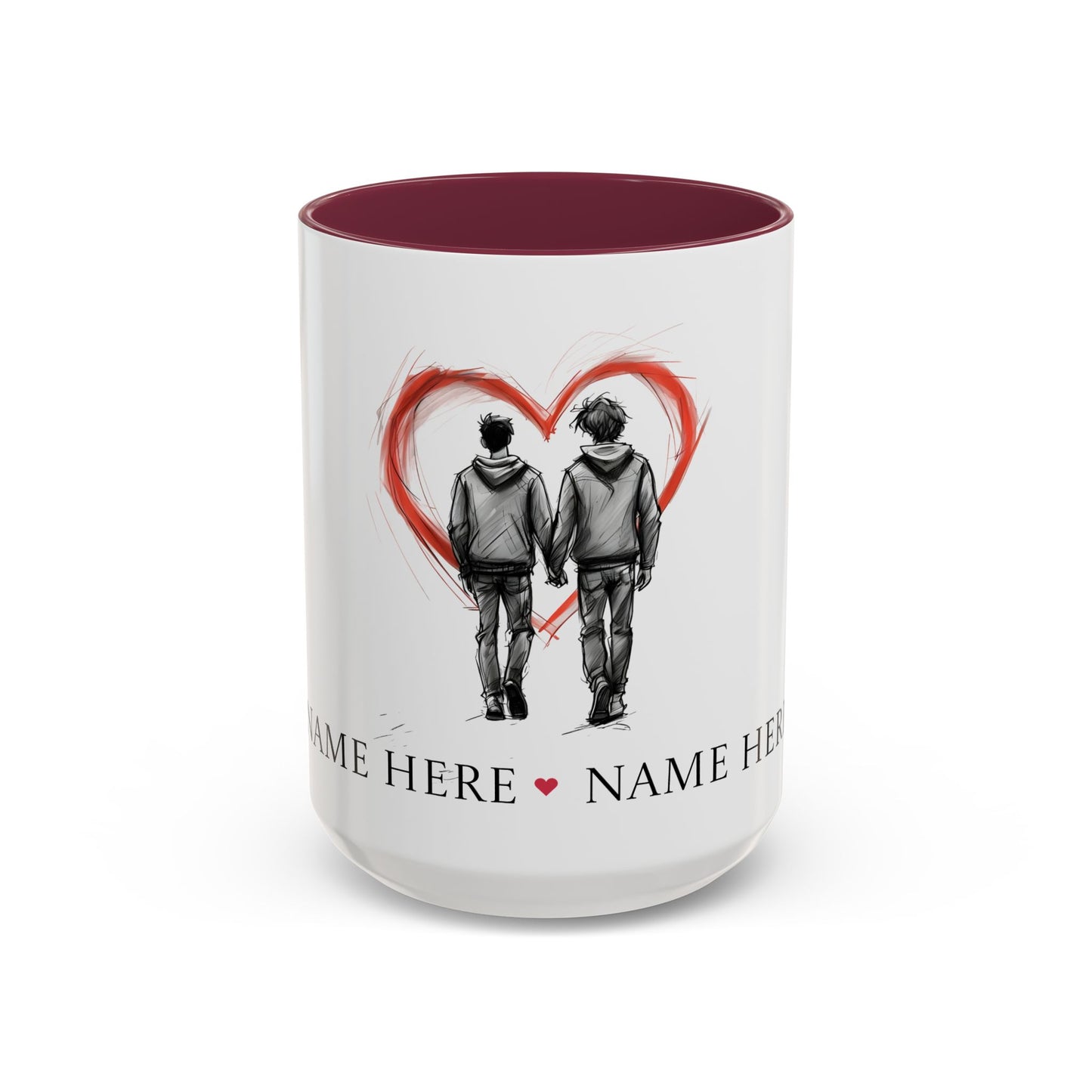 Personalized gay couple coffee mug with names, heart design, perfect for anniversaries and weddings.