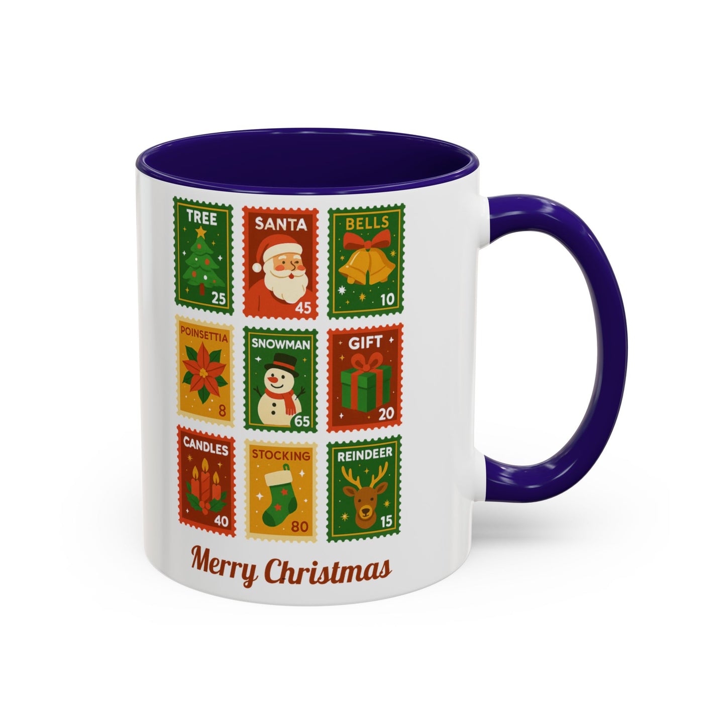 Colorful Holiday Stamp Mug, Festive Mug, Hot Cocoa Mug, Gift for Her, Secret Santa Gift, Stamp Collector, Christmas Mug