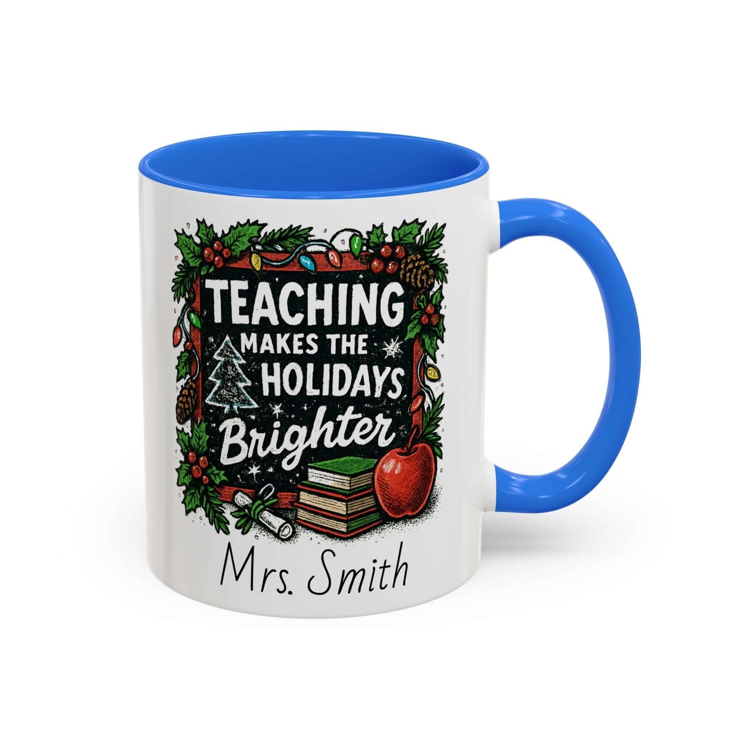 Personalized teacher holiday mug with festive design, marshmallows, and candy cane for a joyful gift.