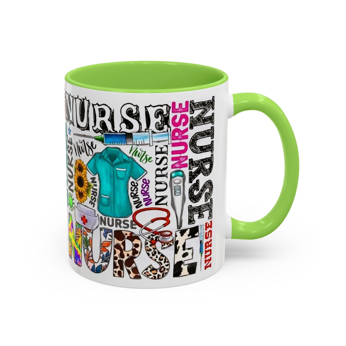 Colorful nurse coffee mug held by hands, ideal gift for nurse appreciation or nursing students.