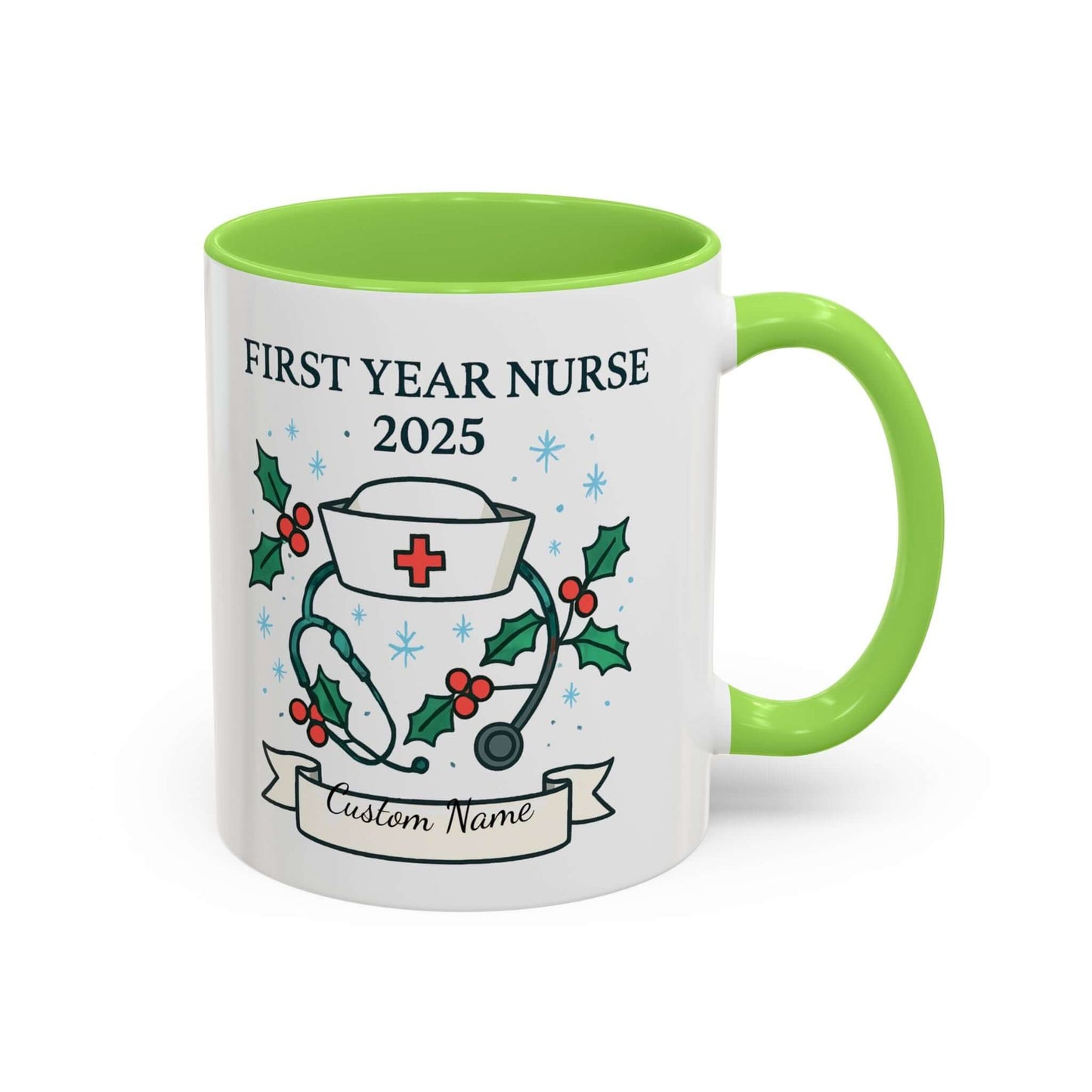Personalized first year nurse mug with festive design and customizable name for 2025 graduation.