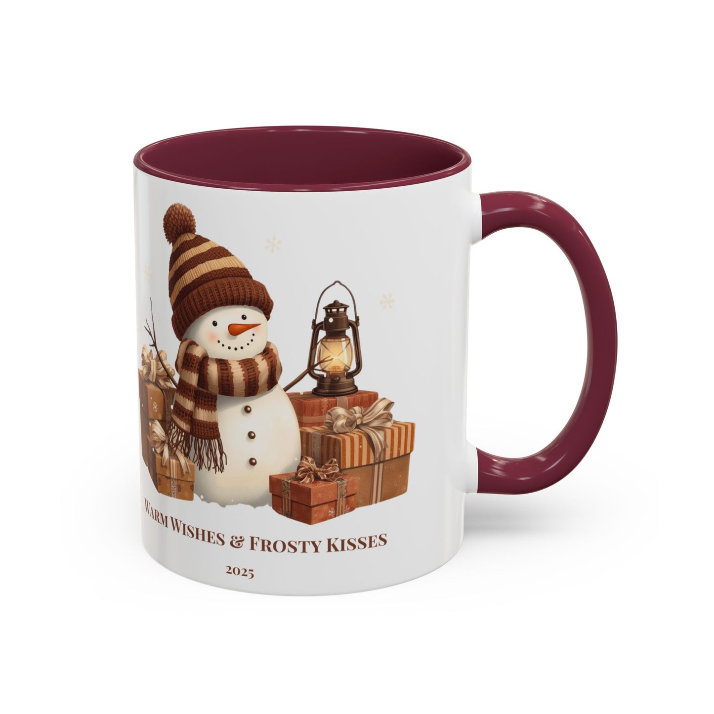 Snowman coffee mug featuring a festive design with gifts and the message 'Warm Wishes & Frosty Kisses'