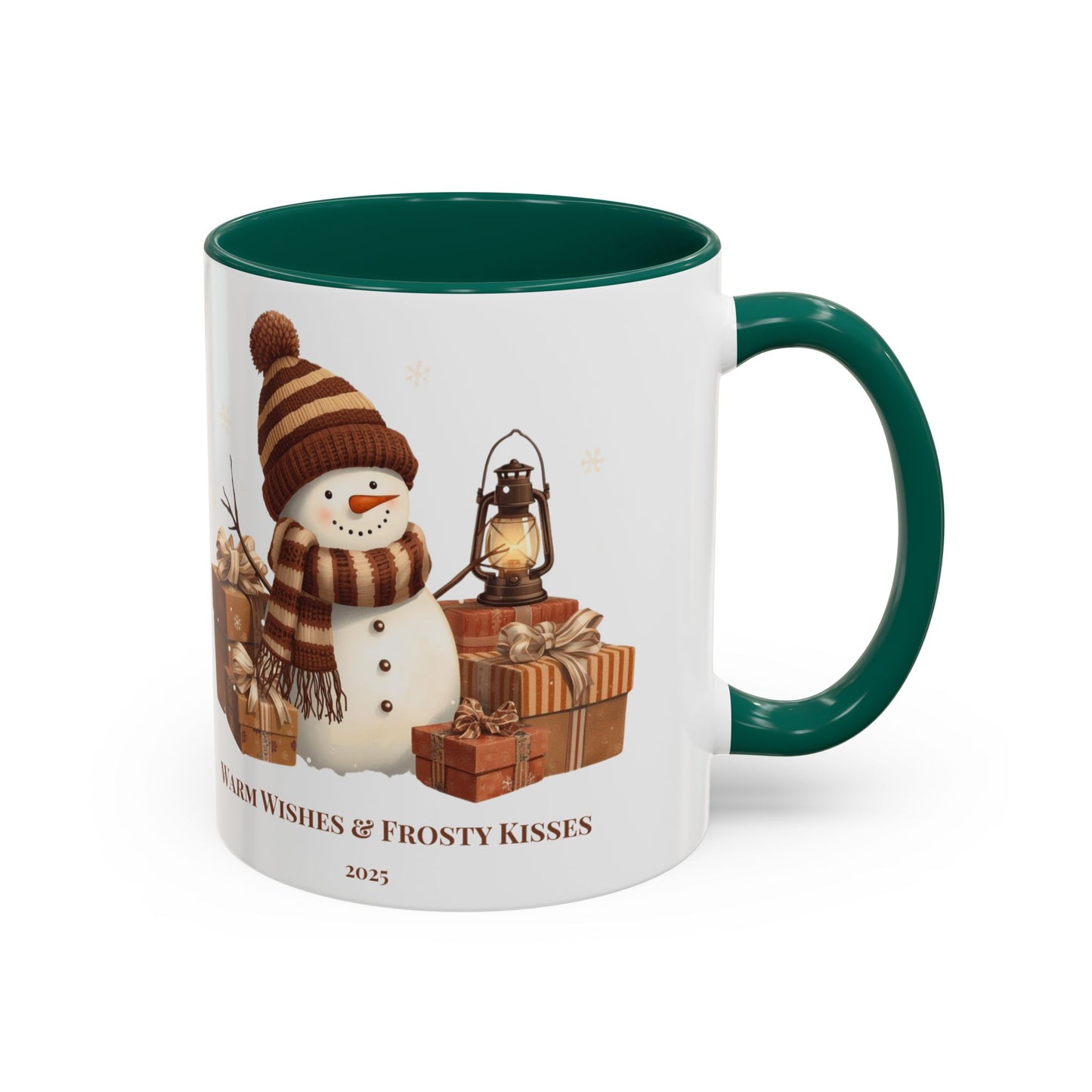 Snowman coffee mug featuring a festive design with gifts and the message 'Warm Wishes & Frosty Kisses'