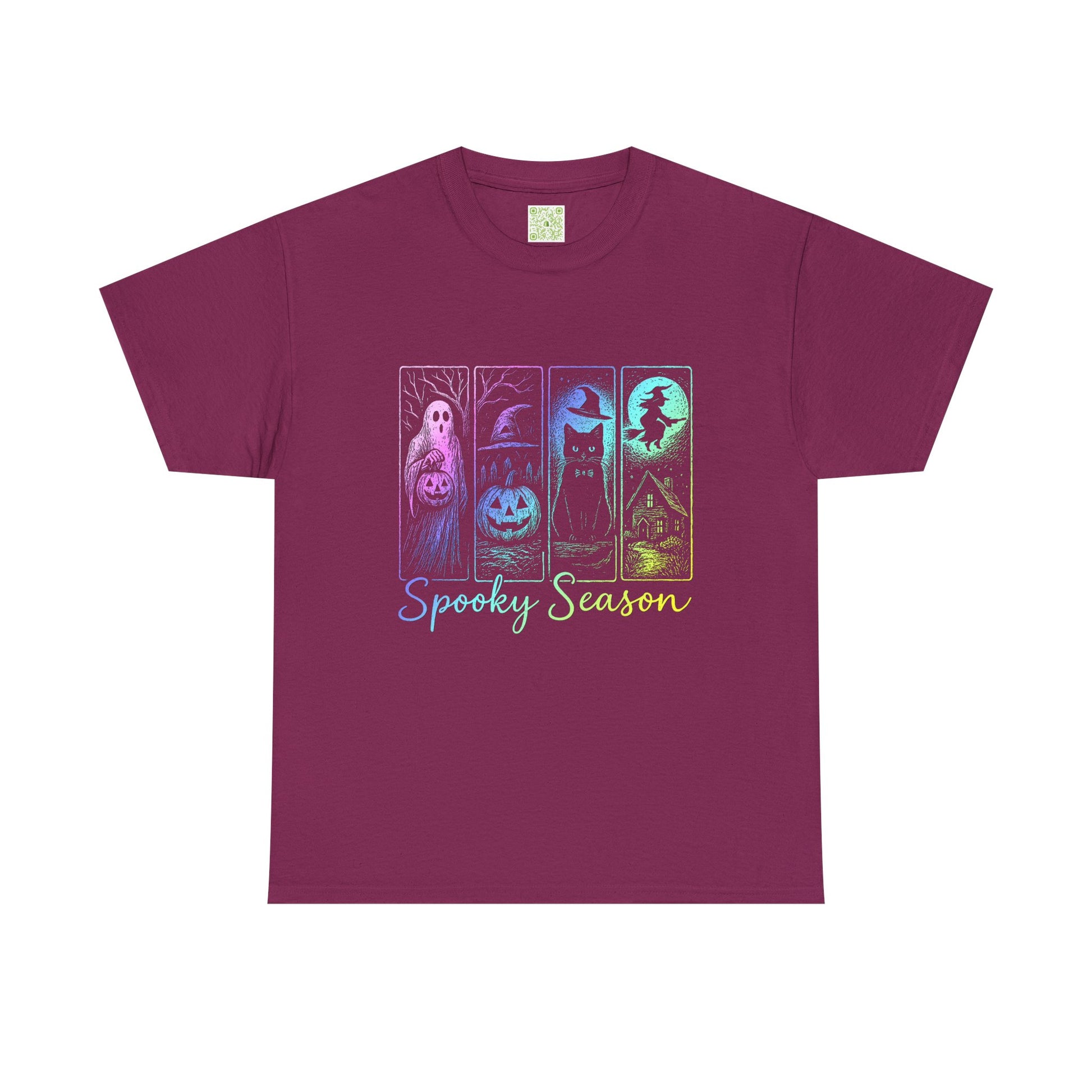 Spooky Season Halloween shirt in burgundy featuring pumpkins, ghosts, and a witch design, perfect for fall festivities.
