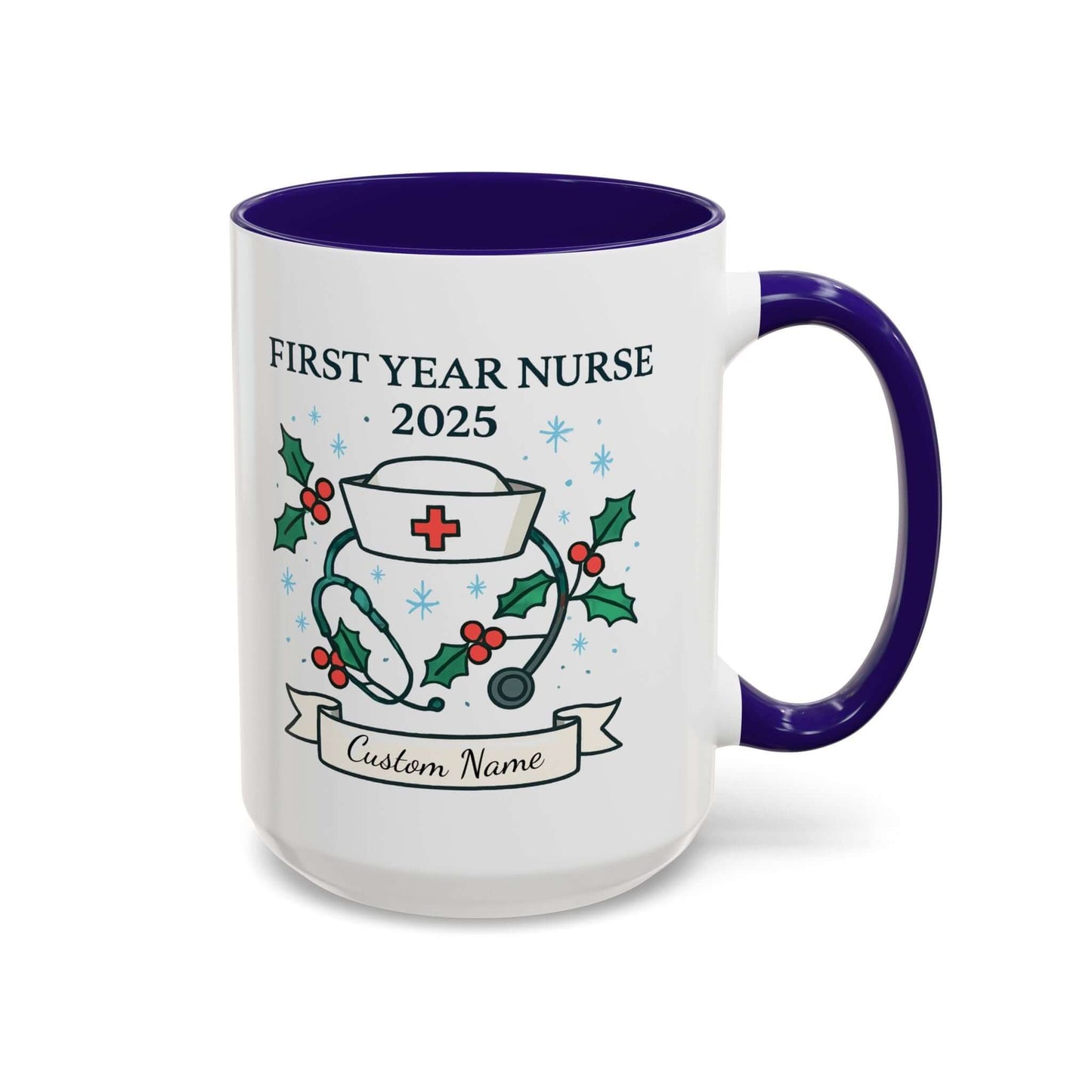 Personalized first year nurse mug with festive design and customizable name for 2025 graduation.