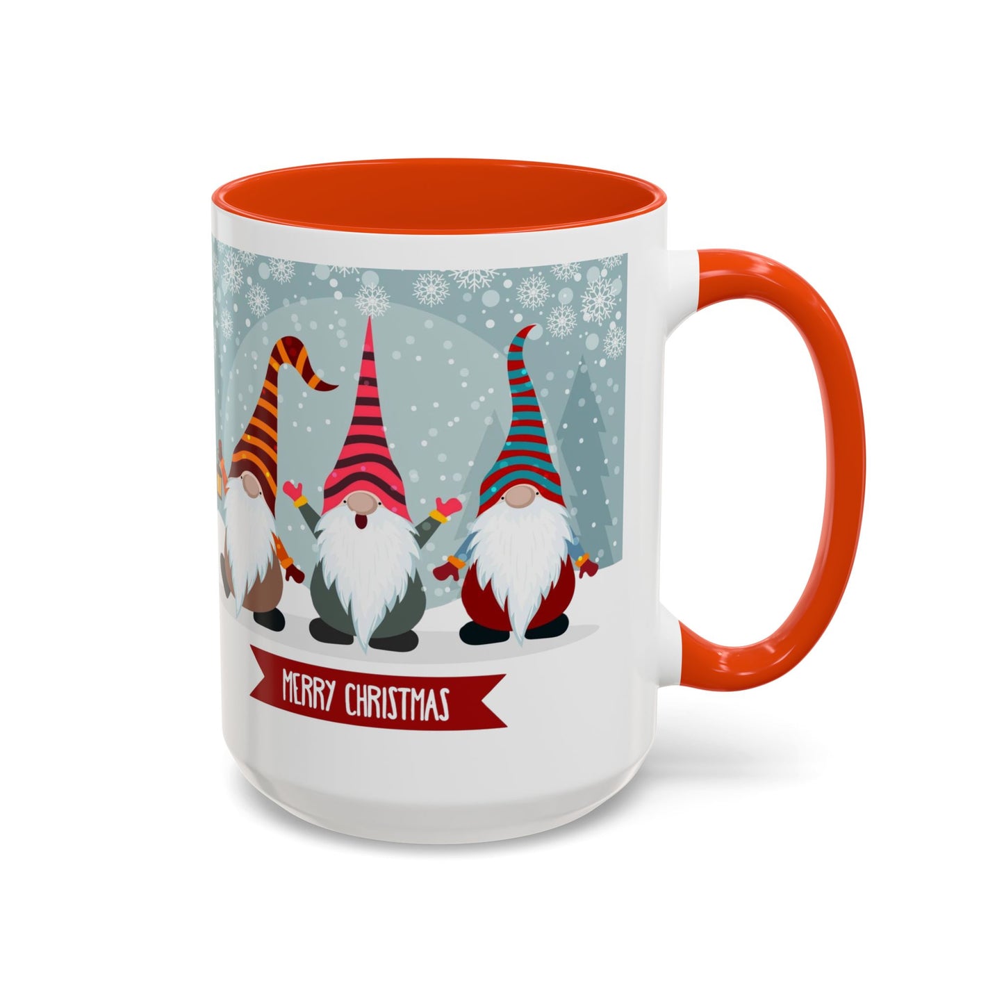 Merry Christmas gnome mug featuring colorful gnomes in festive hats, perfect for holiday coffee.