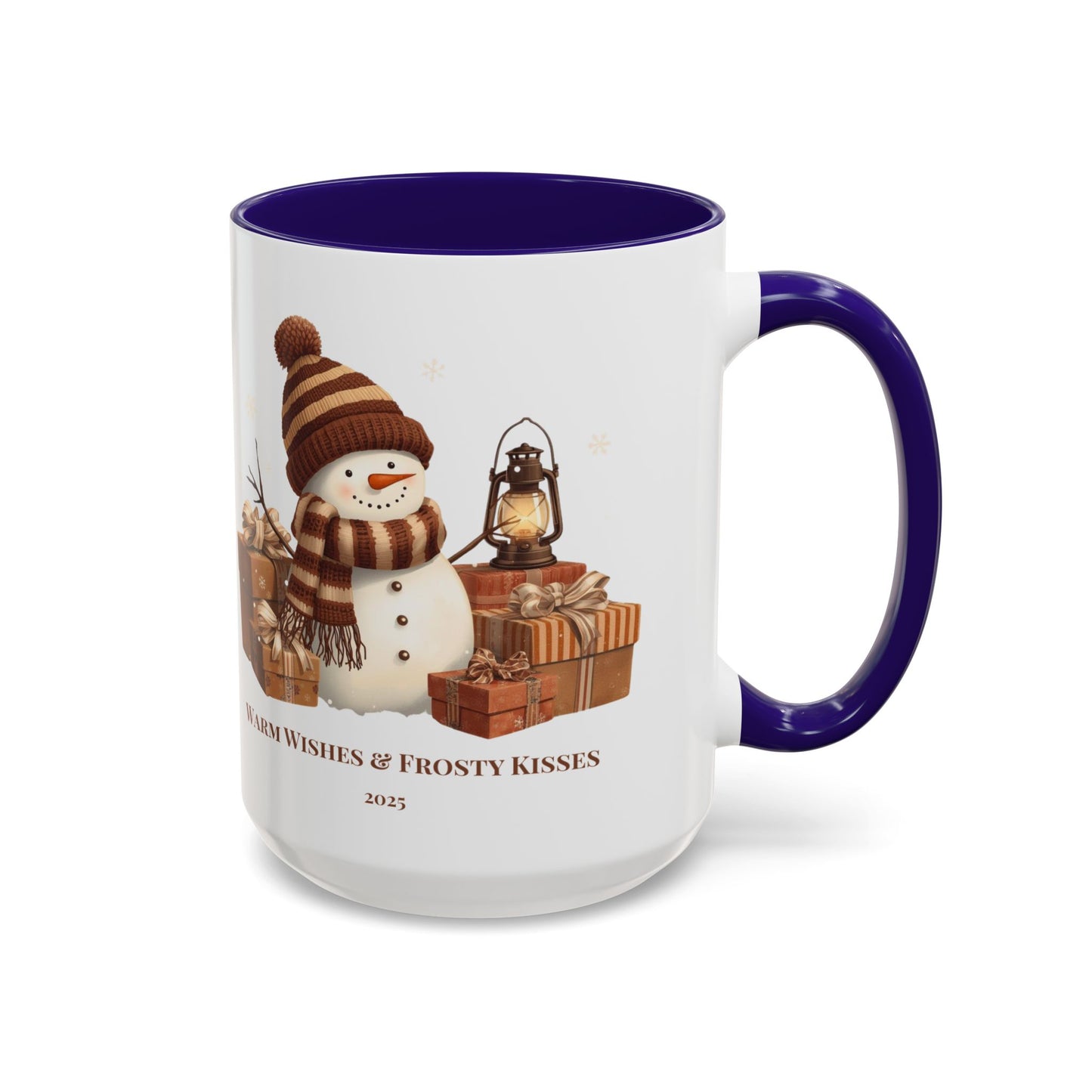 Snowman coffee mug featuring a festive design with gifts and the message 'Warm Wishes & Frosty Kisses'