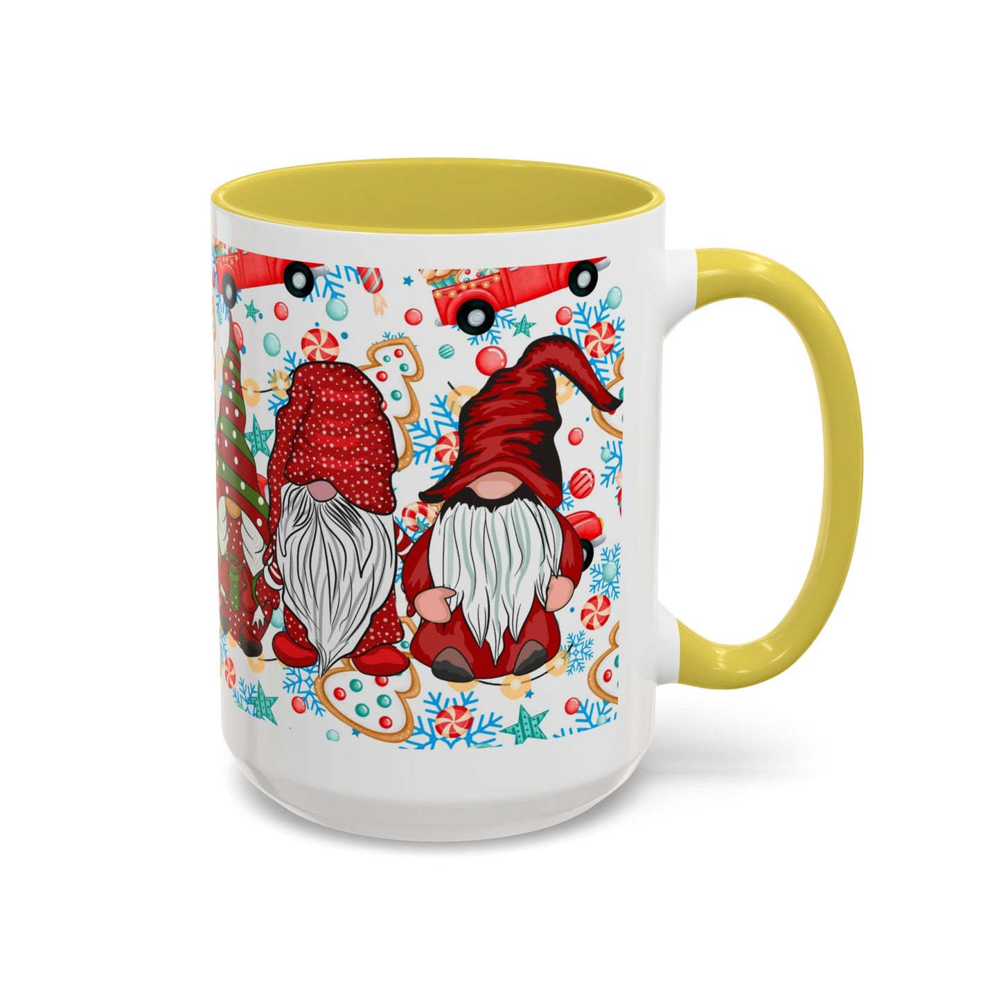 Festive Christmas gnome coffee mug with gingerbread design and snowflakes, perfect for holiday enjoyment.