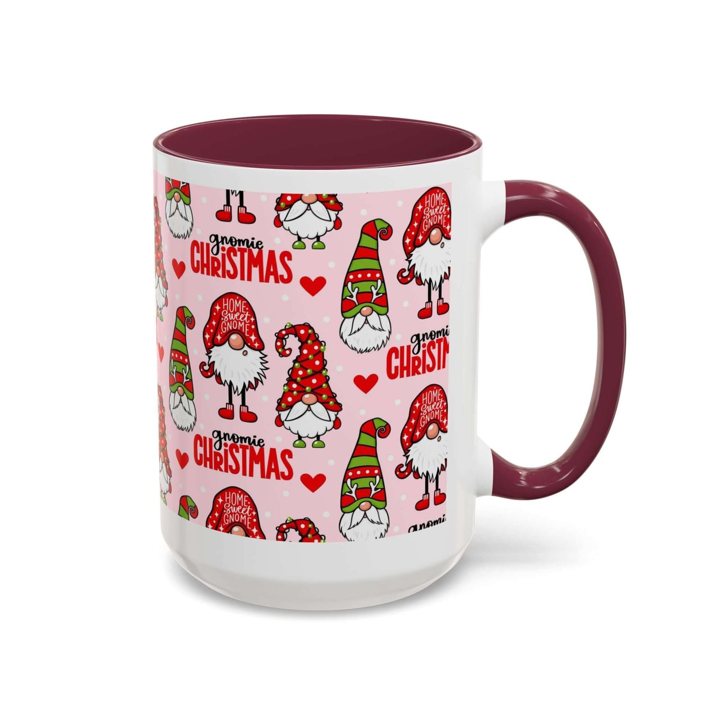 Festive Christmas gnome coffee mug with pink background and playful designs, perfect for holiday enjoyment.
