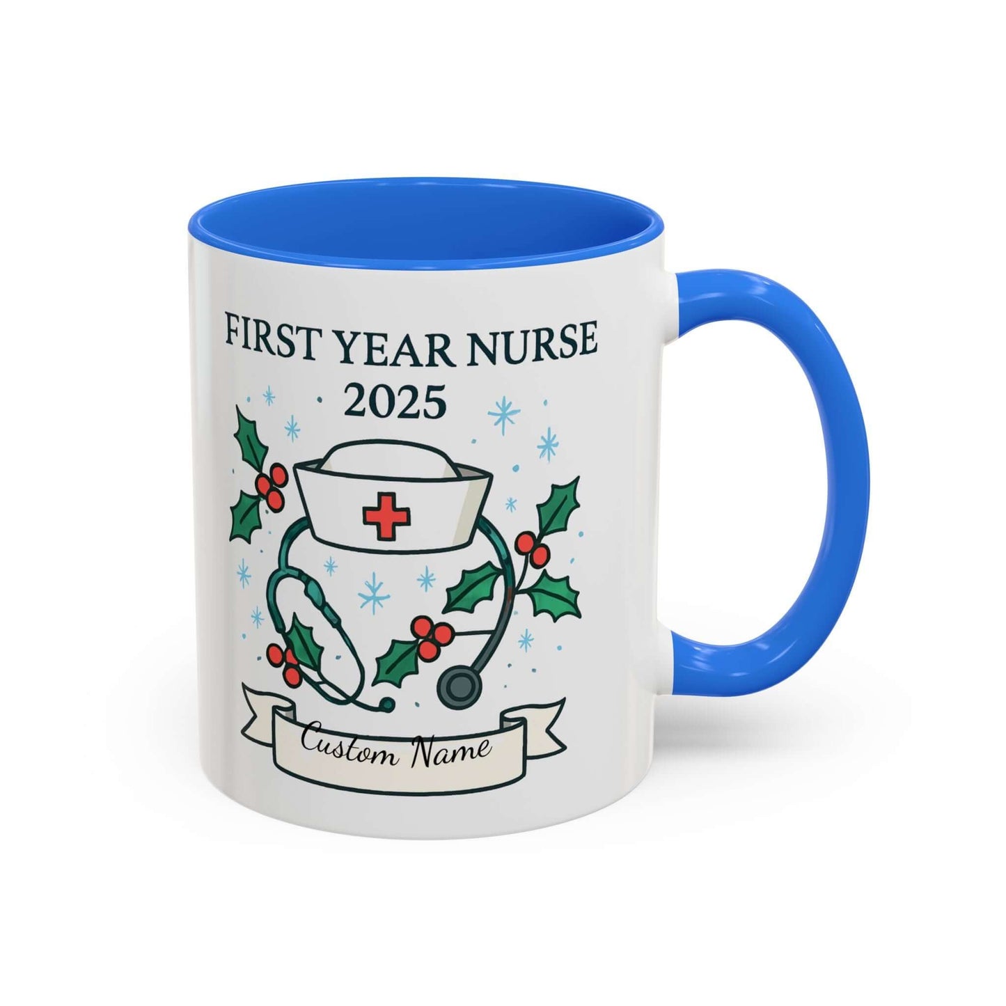Personalized first year nurse mug with festive design and customizable name for 2025 graduation.