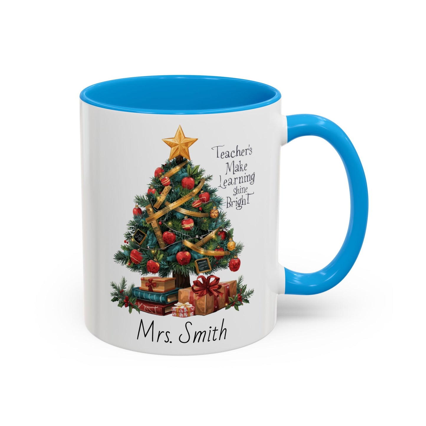 Personalized Christmas teacher mug with festive tree design, custom name, red handle, perfect holiday gift.