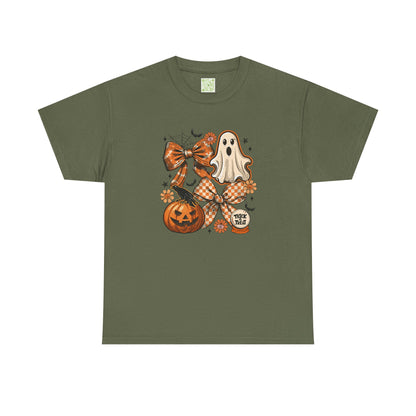 Vintage Coquette Halloween Tee featuring ghost, pumpkin, and bow designs, perfect for autumn and Halloween festivities.