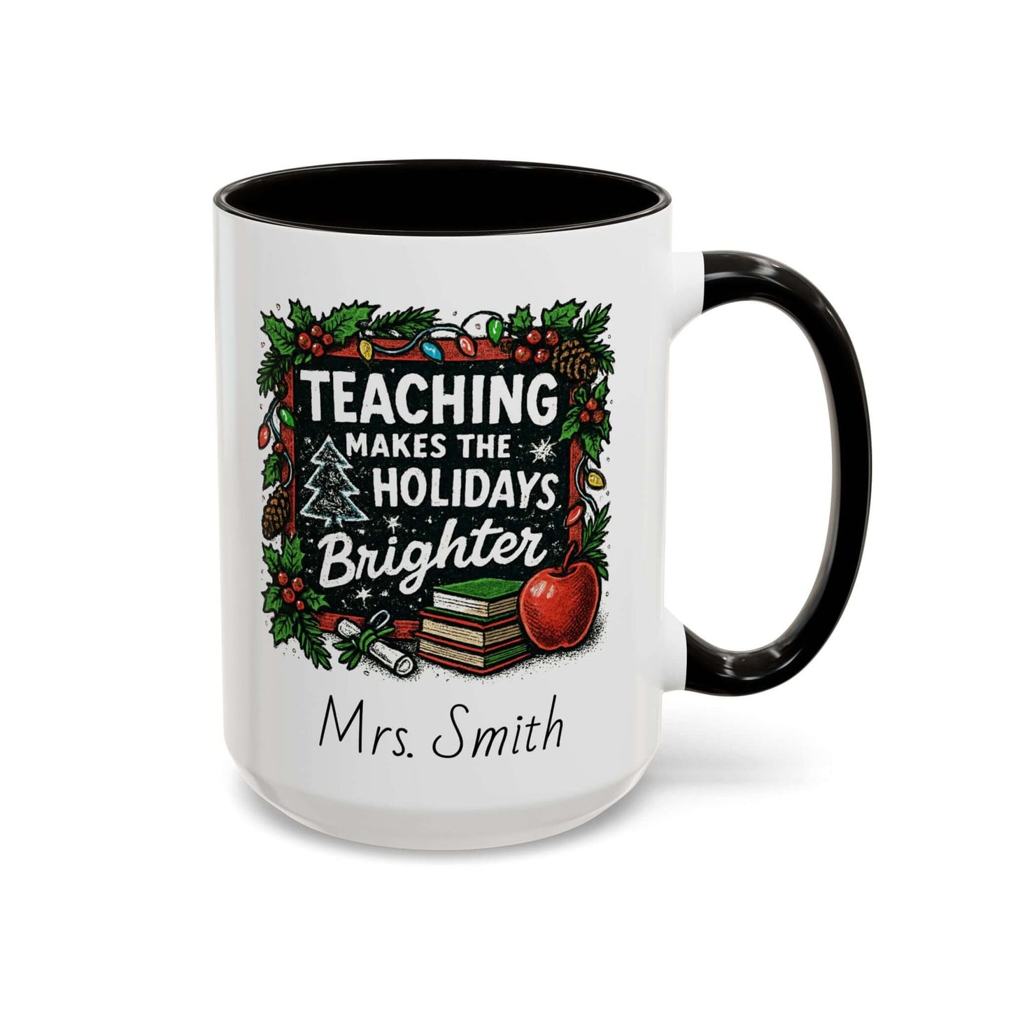 Personalized teacher holiday mug with festive design, marshmallows, and candy cane for a joyful gift.