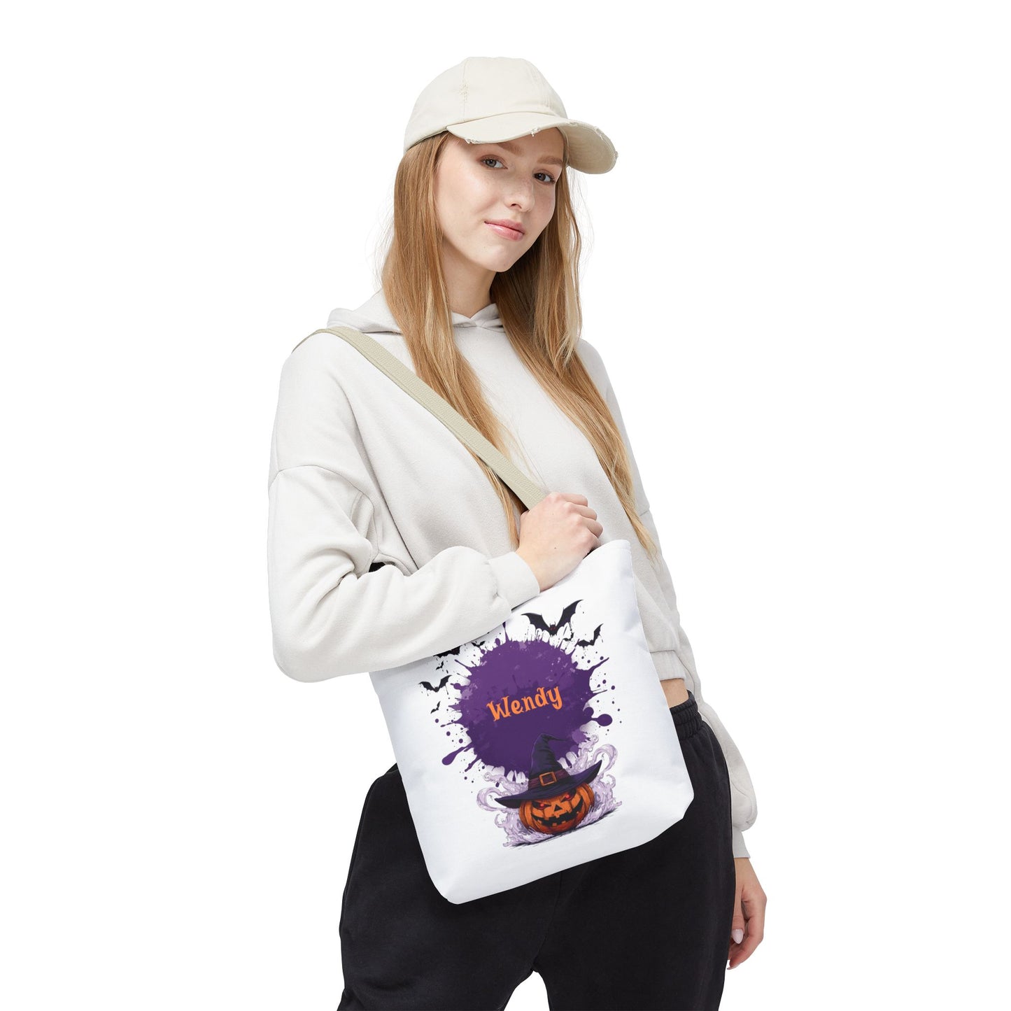 Personalized Kids Halloween Treat Bag featuring a witch hat and pumpkins, custom name 'Wendy' in spooky design.