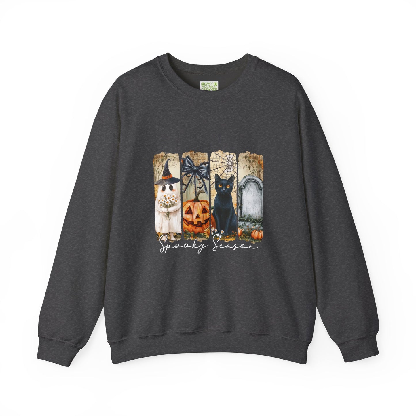 Spooky Season sweatshirt featuring Halloween designs with a pumpkin, black cat, and witch hat on a black crewneck.