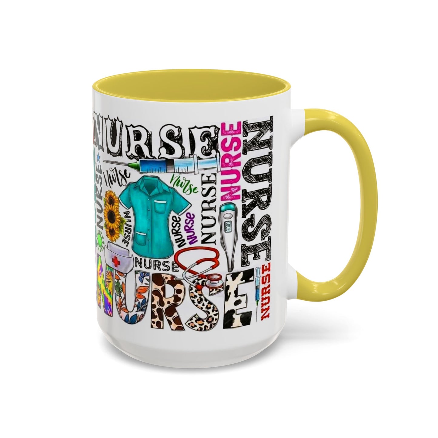 Colorful nurse coffee mug held by hands, ideal gift for nurse appreciation or nursing students.