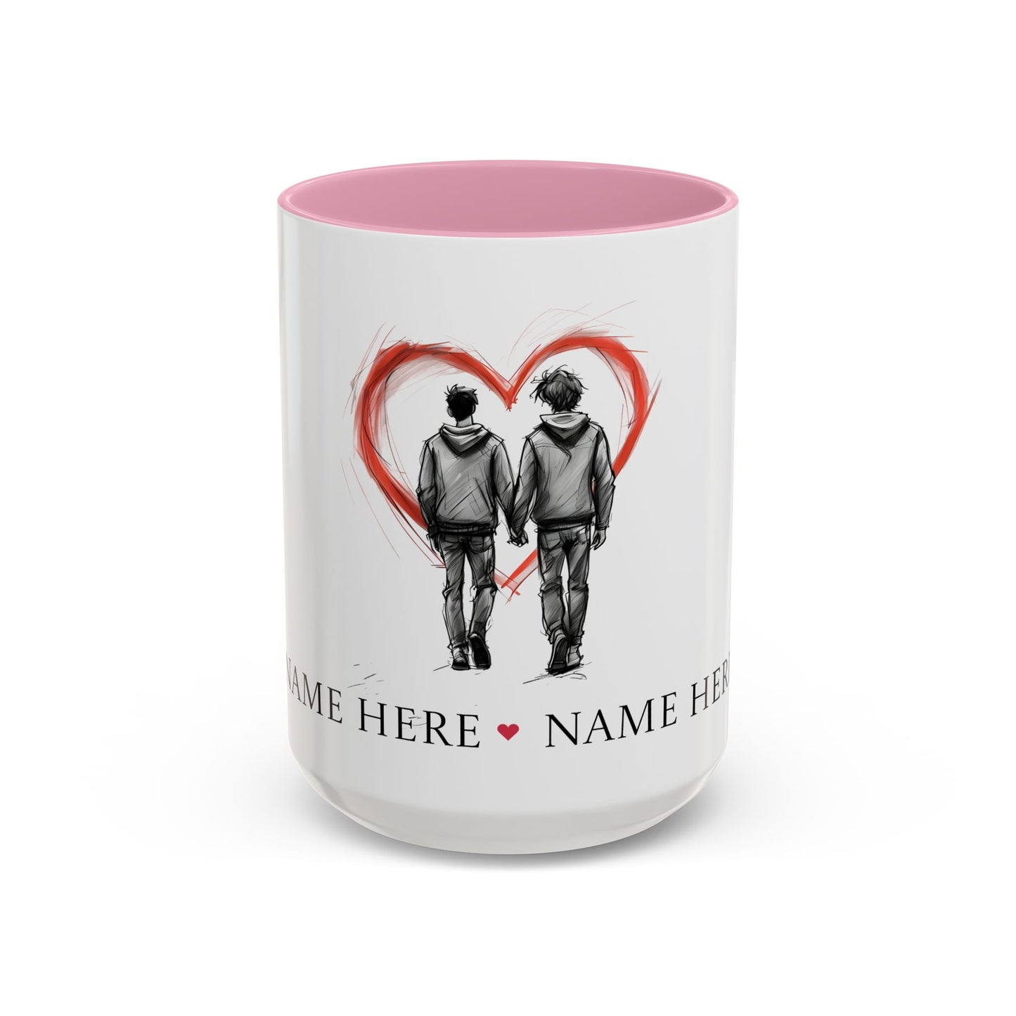 Personalized gay couple coffee mug with names, heart design, perfect for anniversaries and weddings.
