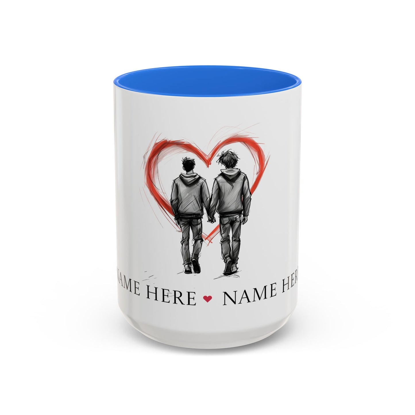 Personalized gay couple coffee mug with names, heart design, perfect for anniversaries and weddings.
