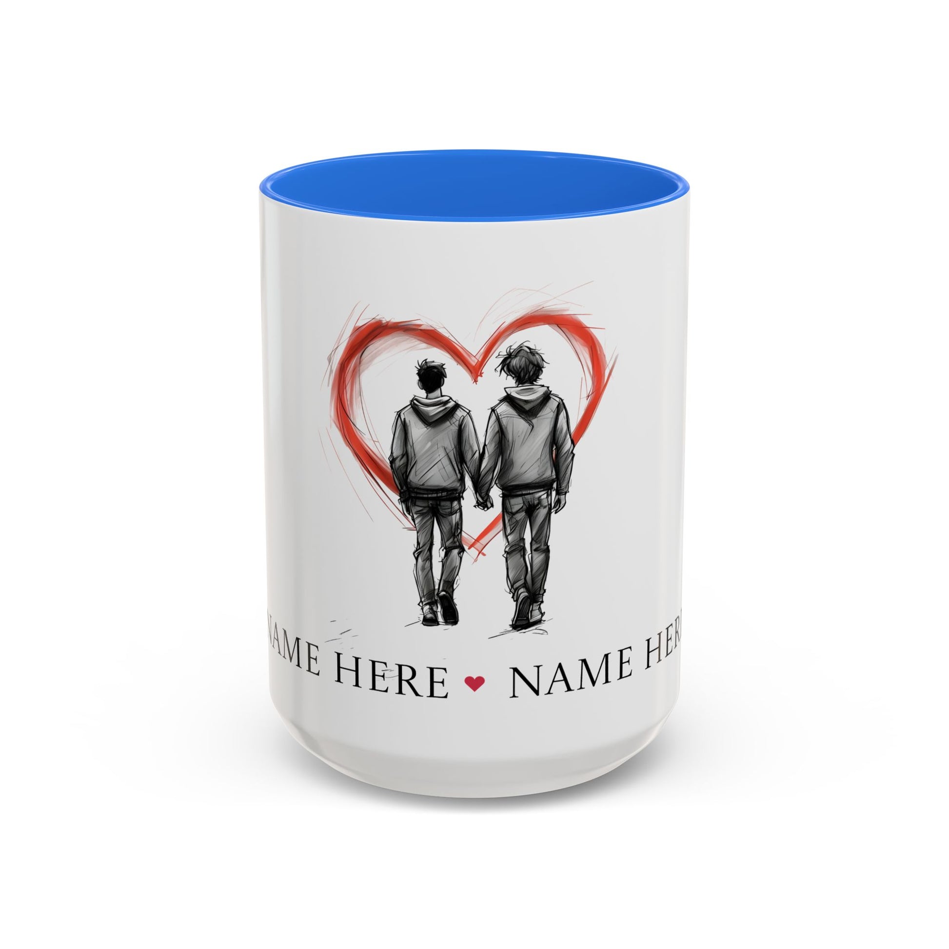 Personalized gay couple coffee mug with names, heart design, perfect for anniversaries and weddings.