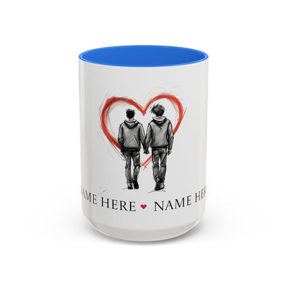 Personalized gay couple coffee mug with names, heart design, perfect for anniversaries and weddings.