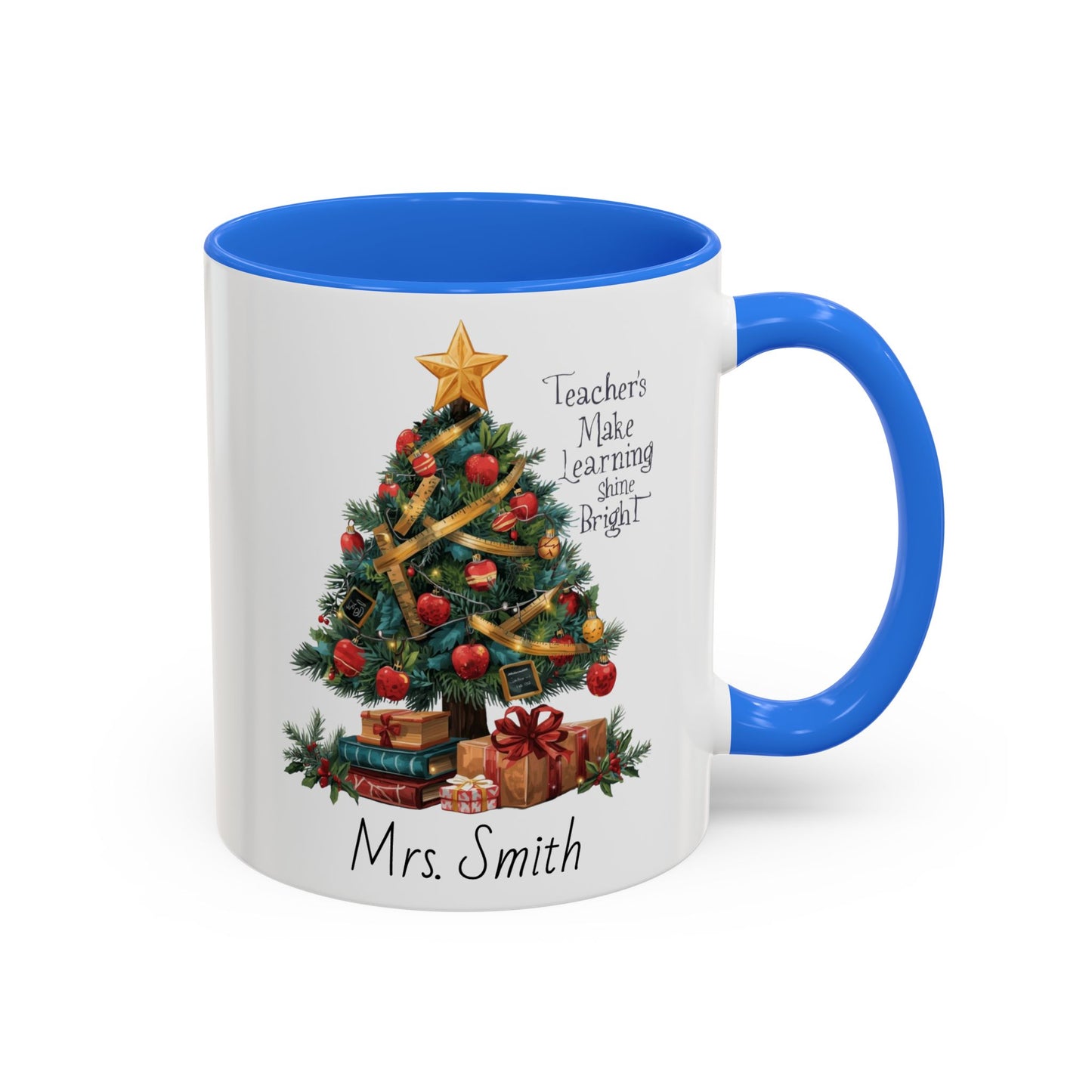 Personalized Christmas teacher mug with festive tree design, custom name, red handle, perfect holiday gift.