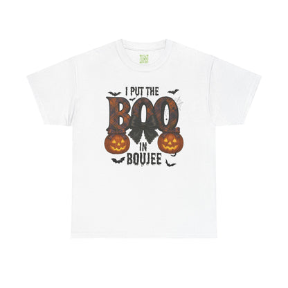 'Boo in Boujee' Halloween shirt in Texas Orange, showcasing a spooky graphic design and relaxed fit.