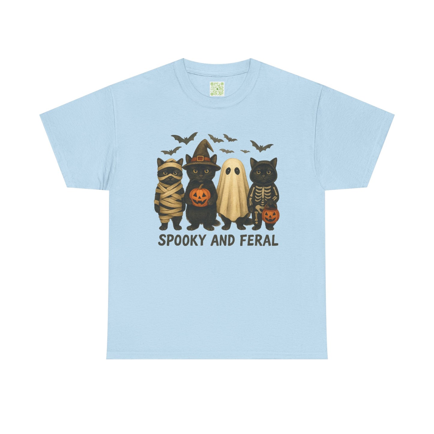 spooky black cat shirt featuring four cute Halloween characters, perfect for Halloween festivities.