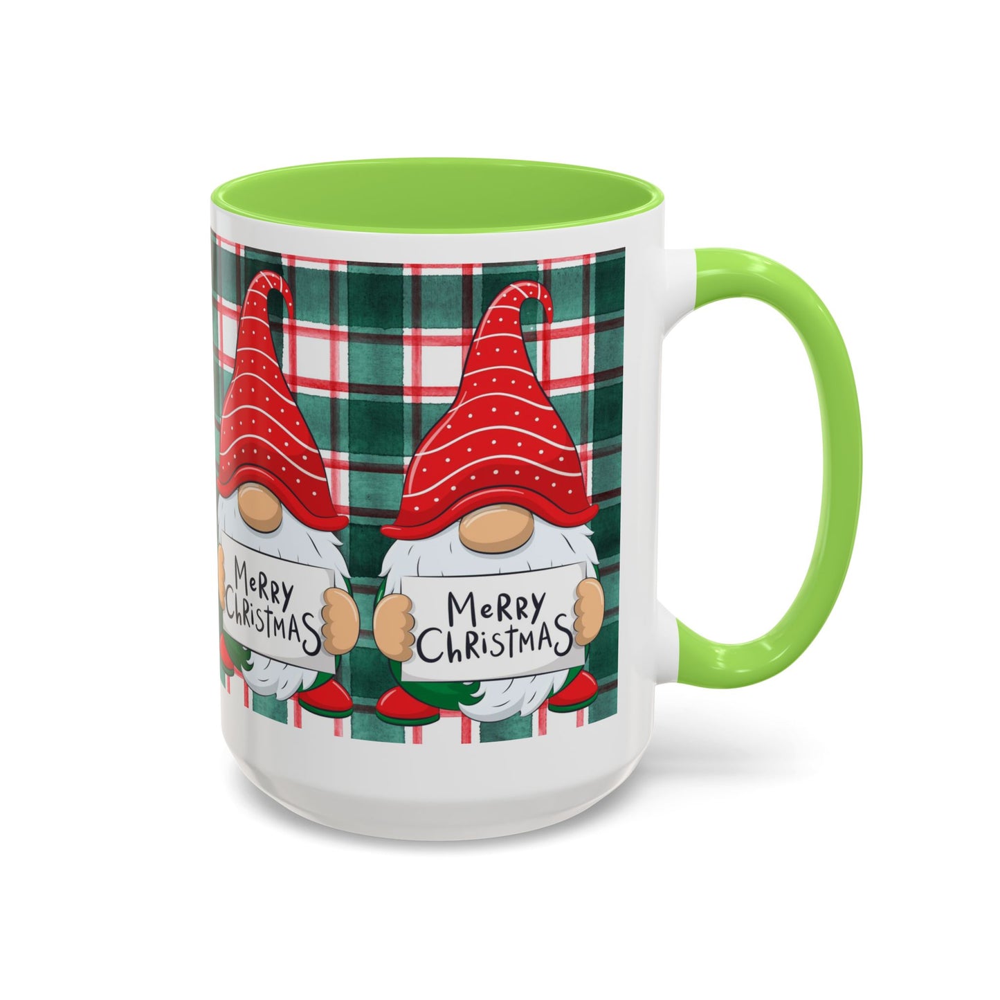 Festive Christmas gnome mug with holiday design, featuring gnomes and a plaid background.