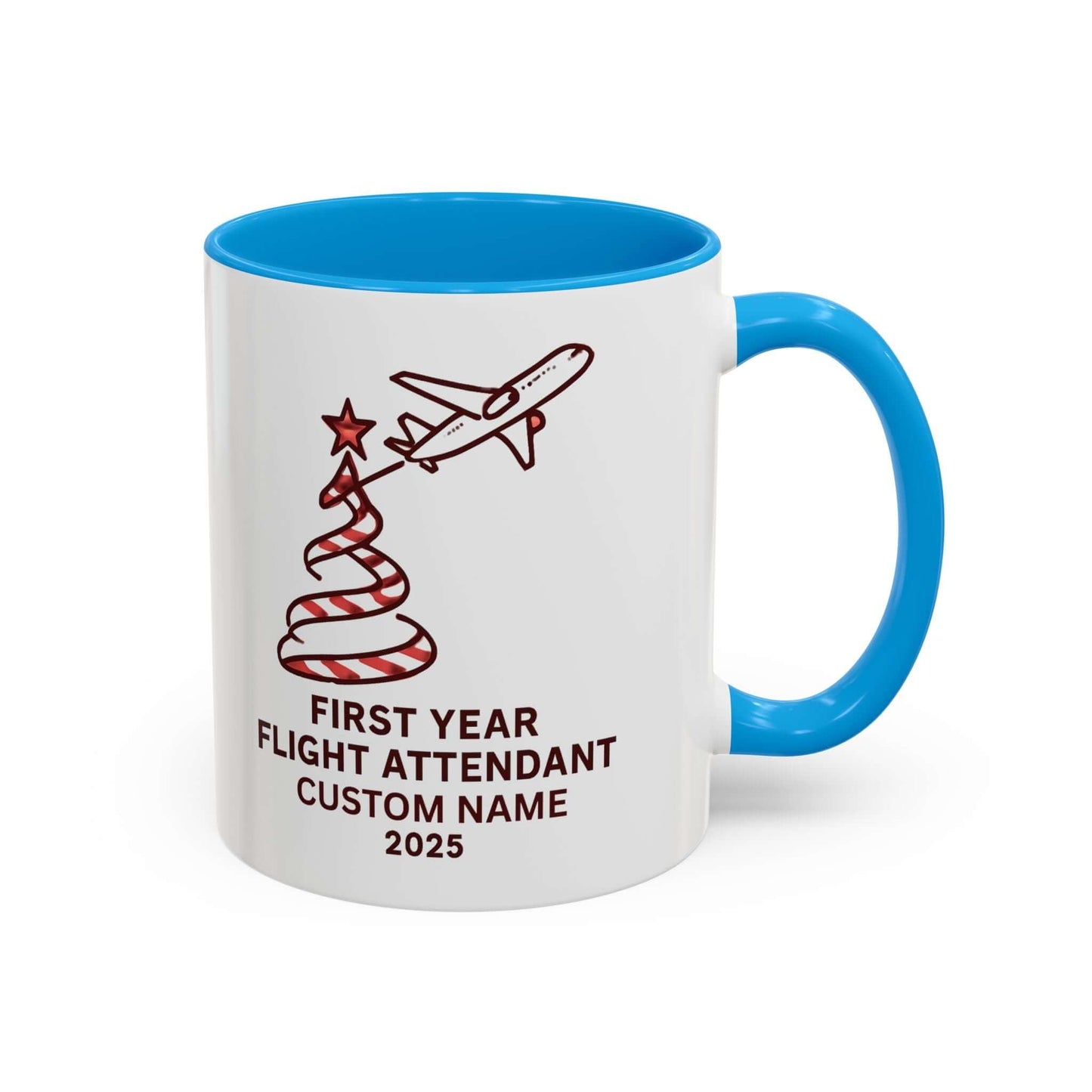 Custom first year flight attendant mugs with festive design, perfect for holiday keepsakes in aviation.