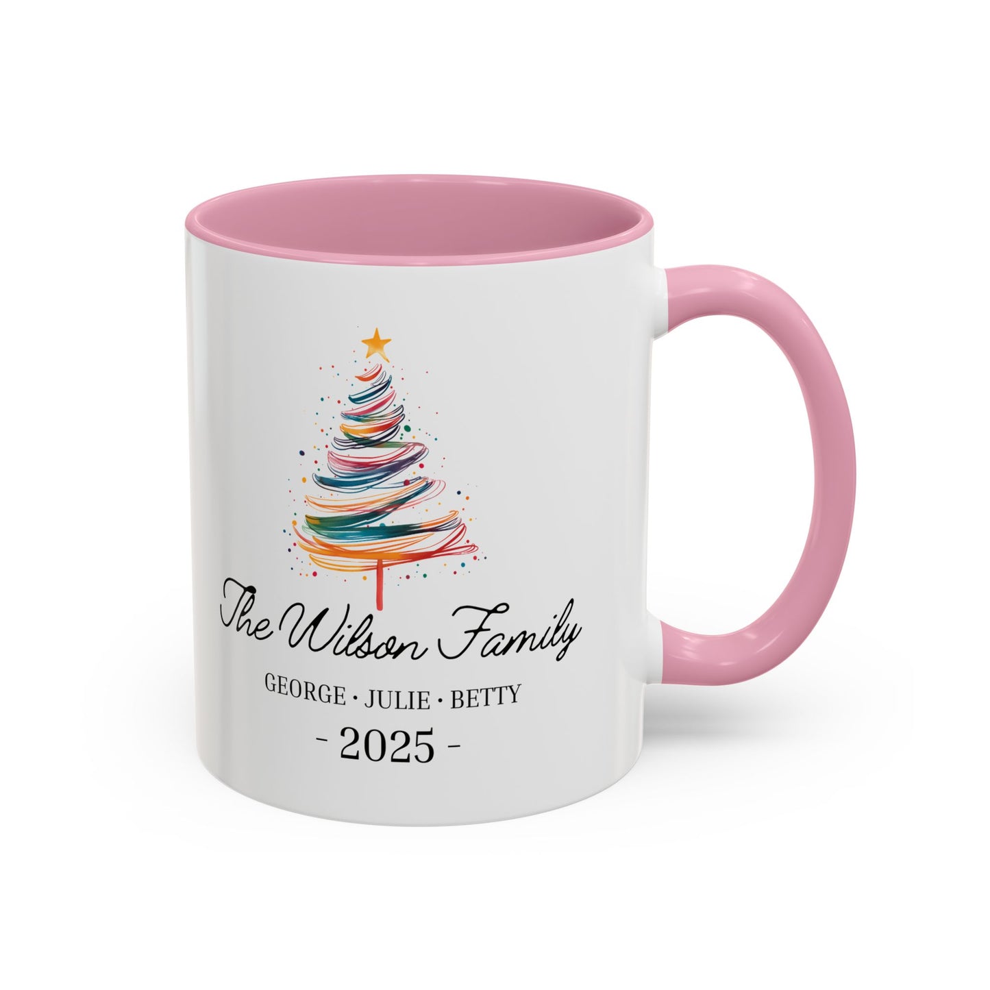 Personalized Family Christmas Mug, Custom Family Name Holiday Coffee Cup 2025, Colorful Christmas Tree Mug, Family Christmas Gift