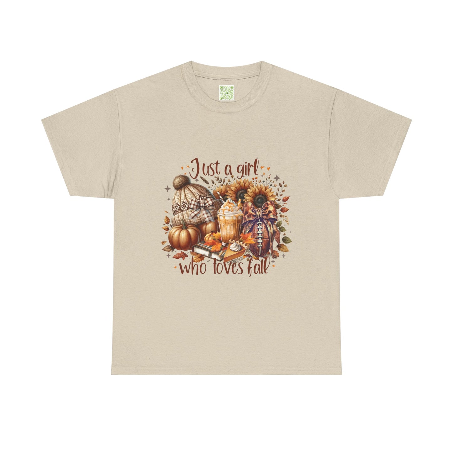  Fall-themed unisex tee featuring 'Just a Girl Who Loves Fall' design, perfect for autumn wear.