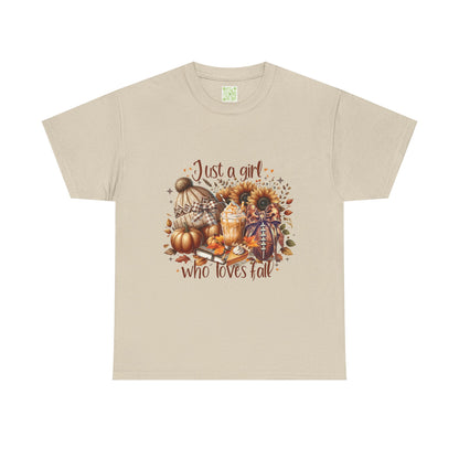  Fall-themed unisex tee featuring 'Just a Girl Who Loves Fall' design, perfect for autumn wear.