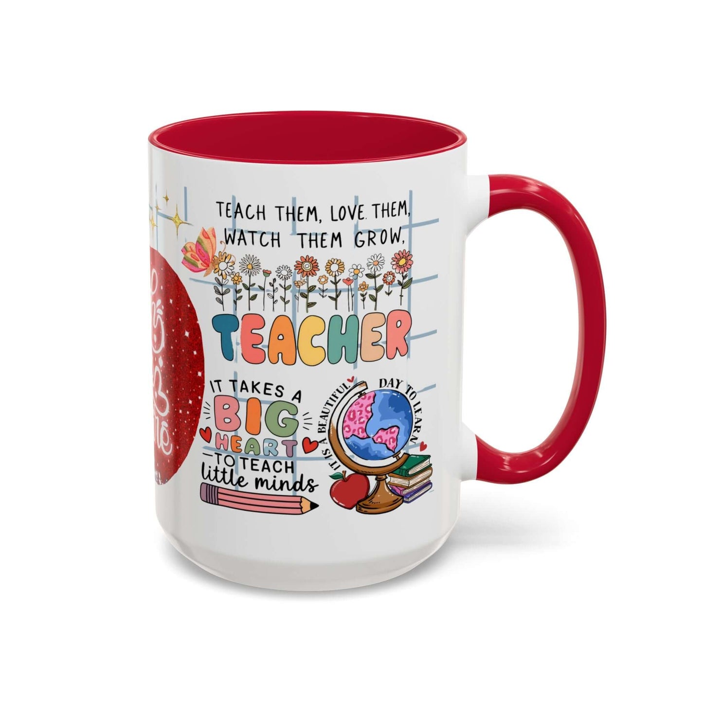 Colorful Teacher Appreciation Coffee Mug featuring inspiring quotes and illustrations, perfect gift for educators.