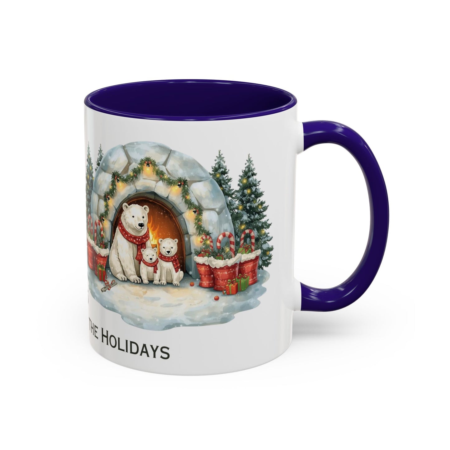 Polar Bear Christmas Mug featuring an igloo family scene with trees and holiday decorations.